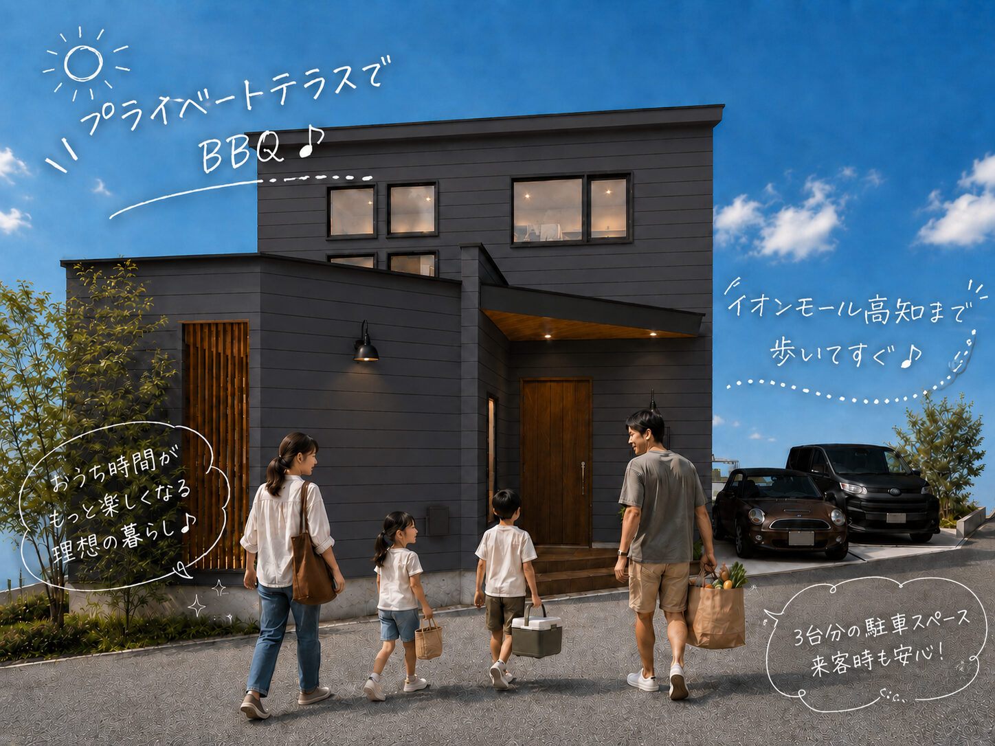 イオンモール高知まで歩いてすぐ プライベートテラスと3台分の駐車スペースがある建売住宅